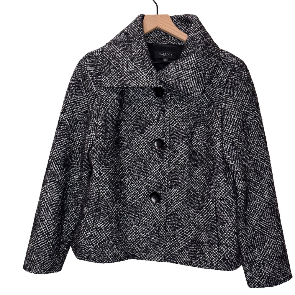Talbots Plaid Wool Blend Blazer Jacket Size 12P Black White Winter Coat Dressy